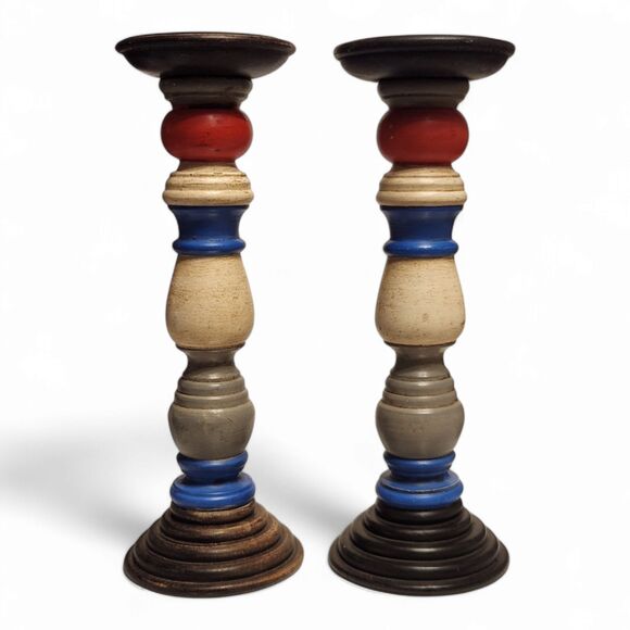 Set of Wooden Candlesticks – 12" Tall Pillar Candle Holders – Americana, Coastal - Picture 1 of 5